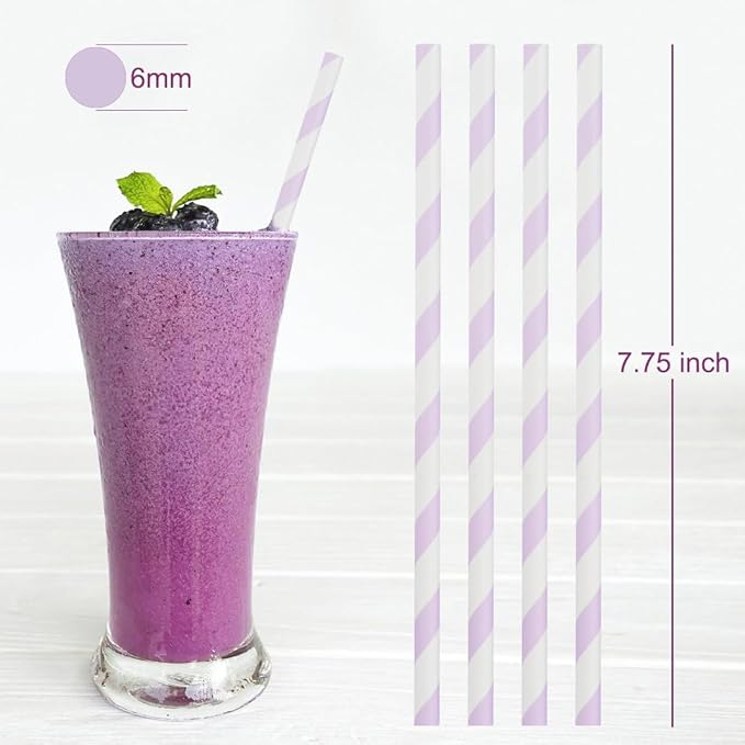 ALINK 100 Light Purple and White Striped Paper Straws, Biodegradable Disposable Drinking Straws for Valentine's Day, Brithday, New Year, Party Decoration Supplies