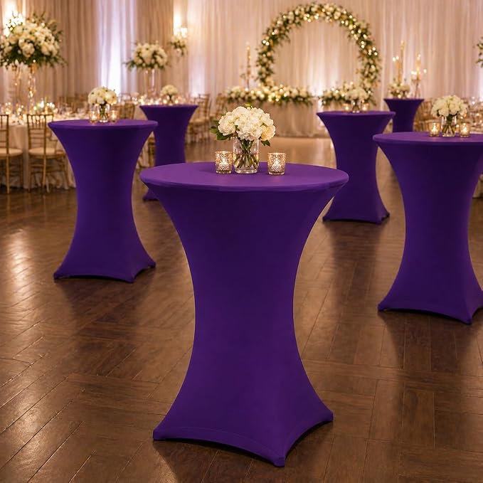 Cocktail Table Covers - 6 Pack 32x43 Inch Table Cloth - Purple Fitted Stretch Spandex Round High Top Tablecloth for Party, Bar, Birthday, Pub, Banquet