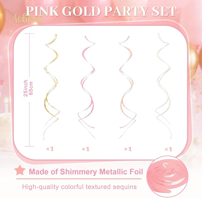 AOBKIAT Pink Gold Party Decorations Kit - 27PCS wirh Pom Poms & Lantern & Fans & Swirls & Garland & Crepe Paper Streamers for Birthday,Wedding,Baby Shower,Bachelorette,Princess Party
