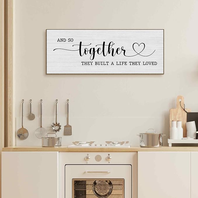 TLESKE And So Together They Built A Life They Loved Sign Large Wall Art Decor Framed 15x40, Above Bed Over Bed Canvas Wall Art Decor Print for Couples Bedroom, Rustic Bedroom Love Signs Wall Picture