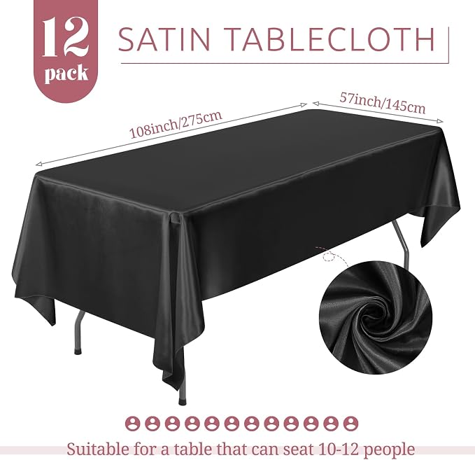 12 Pack Satin Tablecloth, 57 x 108 Inch Black Rectangle Satin Table Cloth, Bright Smooth Fabric Table Cloth Soft Silky Table Covers Bright Silk Table Clothes for Wedding, Party, Banquet