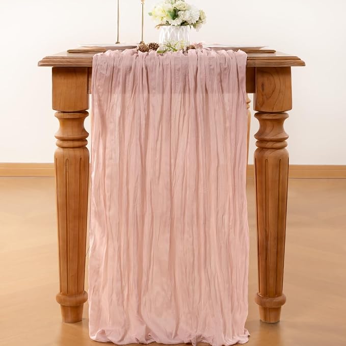 LINXTAR Dusty Pink Cheesecloth Table Runner 120 Inches 10Ft Gauze Summer Boho Table Runner for Wedding Tea Party Baby Shower Bridal Birthday Home Decoration