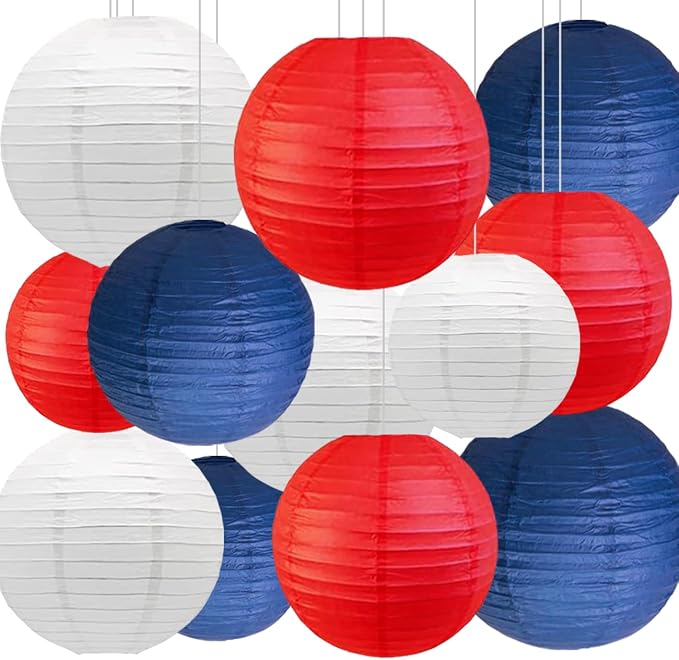 Red Blue and White Paper Lanterns (12 Pack) - Hanging Paper Lanterns for Veterans Day,July 4th Party,Memorial Day,Independence Day Party Decoration