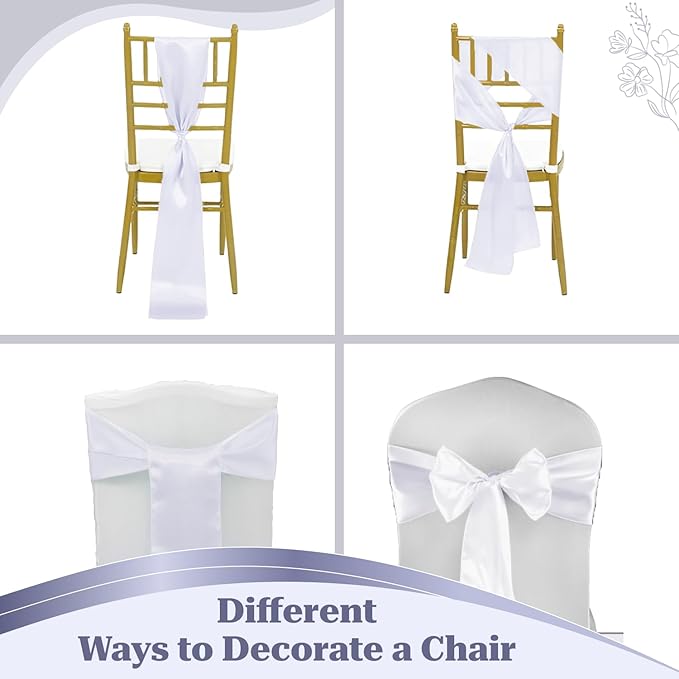 MDS Satin Chair Sashes, 200 Pack, 7”x108” Each, Decorative Chair Bows Ribbon Tie Backs for Wedding Party, Holiday Dinner, Birthday, Reception, Banquet, Hotel & Event Decoration - White