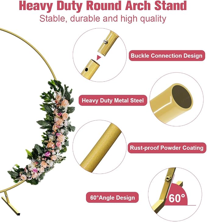7 Ft Round Wedding Arch Stand with Metal Base for Flower Balloon Decoration, Circle Backdrop Stand Frame for Ceremony, Birthday Party, Baby Shower, Gold