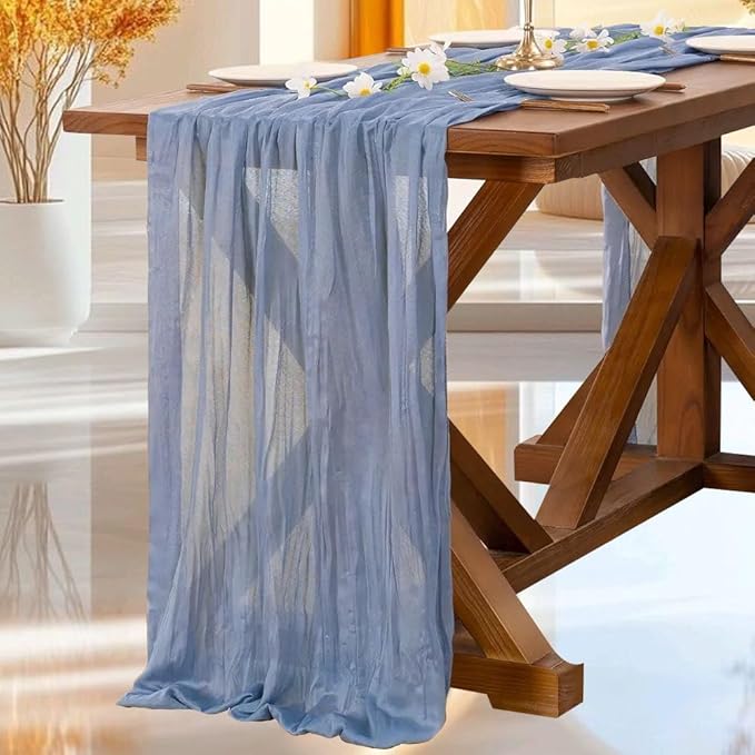 Cheesecloth Table Runner | Boho Fabric Cheese Cloth Table Runner Rustic Sheer Table Runners for Wedding, Bridal Shower, Birthday Party Décor(Dusty Blue,Pack of 3)