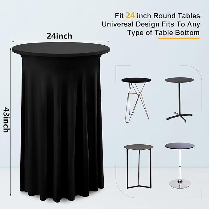 4 Packs Black Round High Top Table Cloth 24inch×43inch Stretchy Wrinkle Free Highboy Cocktail Spandex Table Covers for Cocktail Party Wedding Banquet Baby Shower Baptism Decor