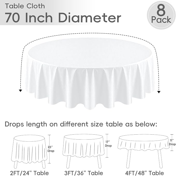 8 Pack White Round Tablecloth 70 Inch Table Cloth for Round Tables, Washable Polyester Tablecloth Stain and Wrinkle Resistant Decorative Table Cover for Wedding Party Dining Banquet