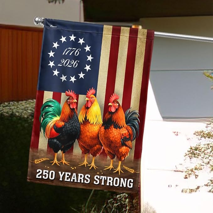 American Flag-250 Years Strong 1776 2026 Chicken Flag, Patriotic Rooster Farm Decor, 3x5 ft. Flag-USA Premium Polyester