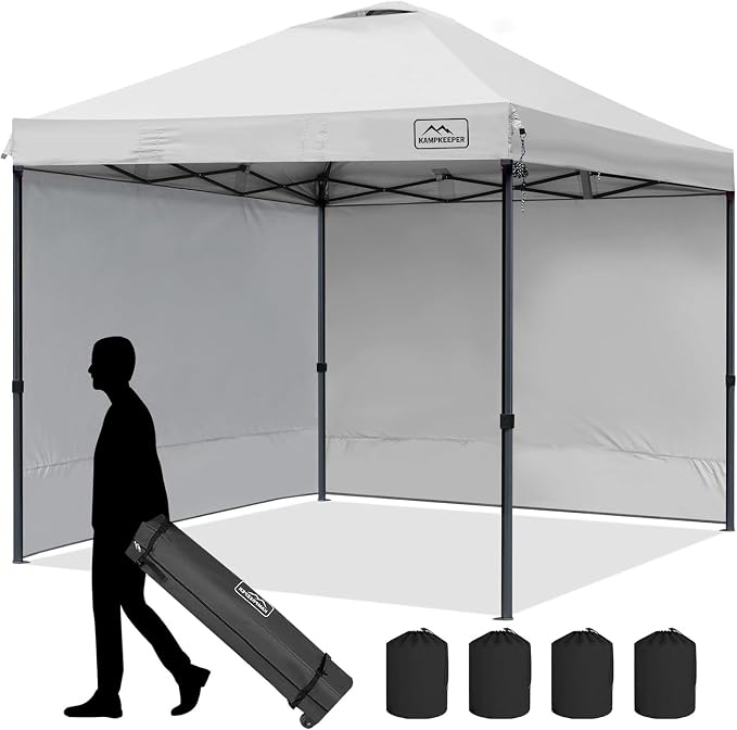 KAMPKEEPER 10x10 Pop-Up Canopy Tent, Waterproof, Portable Shade with Side Walls, Adjustable Instant Outdoor Shelter for Camping, Backyard, and Events, White