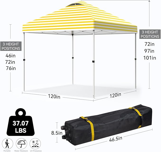Nazhura 10' x 10' Pop Up Canopy with Sand Weight Bag, Awing for Patio, Freestanding Sun Shelter for Picnic and Camping, One Person Setup, White (Yellow Stripe)