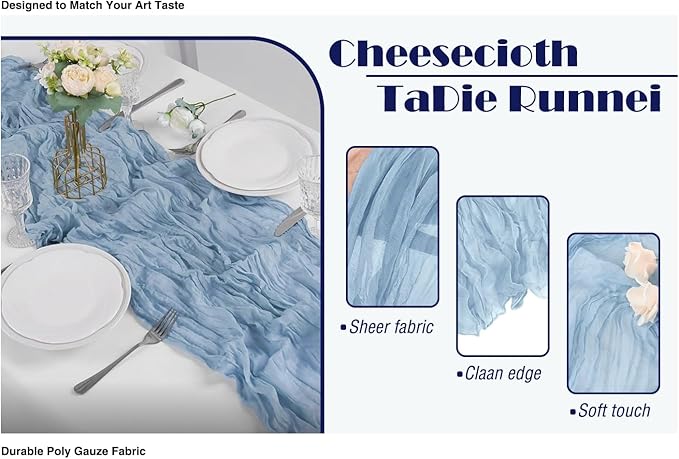 6 Pack Dusty Blue Cheesecloth Table Runner 21x120 Inch Boho Wrinkled Sheer Romantic Gauze Decor for Wedding, Bridal Shower, Birthday Party
