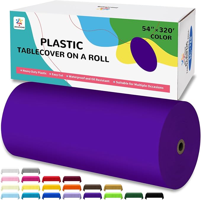 54IN X 320FT Plastic Table Cover Roll with Cutter Box, Cut to Size Plastic Table Cloths for Parties, Birthday, Disposable Tablecloth Roll for All Shape Tables (Purple, 54 Inch X 320 Feet)