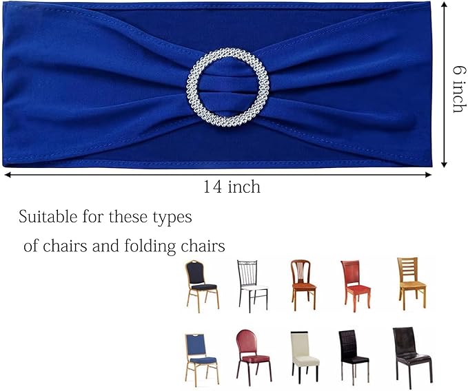 Pack of 100 Wedding Royal Blue Chair Sashes Bows, Elastic Spandex Chair Bands with Silver Buckle Slider for Weddings Birthday Party Baby Shower Events Decorations (Royal Blue)