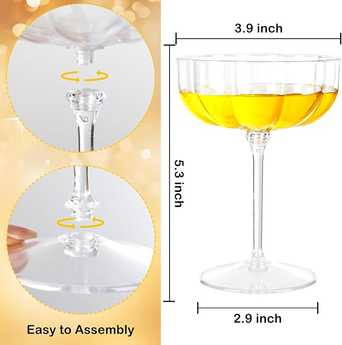 LIYH 20 Pcs Plastic Champagne Glasses 8 oz Champagne Flutes Plastic Cocktail Glasses Coupe Cups Disposable Martini Cups Perfect for Bar Cocktails Martinis Parties
