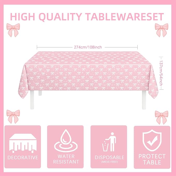 219Pcs Pink Bow Birthday Decorations, Coquette Tableware Set 24 Guests | Birthday plates and napkins, pink balloons, bow tablecloth and stickers for party supplies setup
