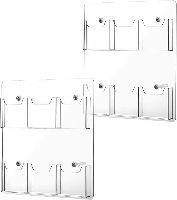 Eersida 2 Pack Acrylic Brochure Pamphlet Holder Wall Mount Clear Brochure Display Holder Plastic Trifold Flyer Rack Literature Storage Rack for Offices Waiting Room (6 Pockets, 15 x 13 Inch)