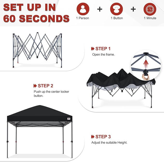 ABCCANOPY 10x10 Pop Up Canopy - Outdoor Patio Portable Canopy Tent Gazebo Heavy Duty for Backyard and Deck with 4 Sandbags and 8 Stakes (Black)