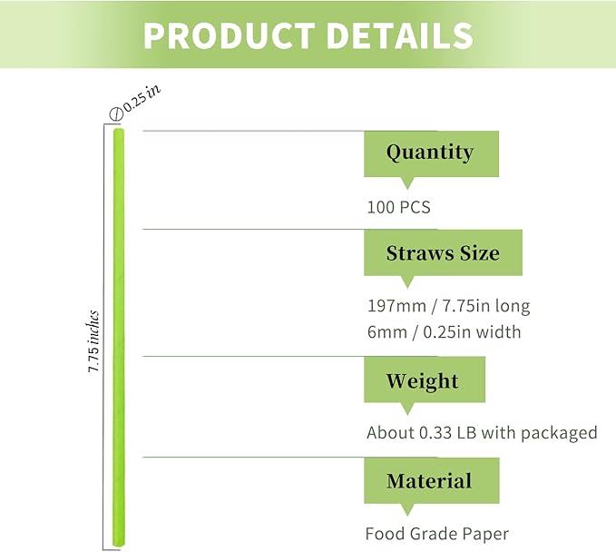 Green Paper Straws 100 Pack, Christmas Green Disposable Paper Straws 100% Biodegradable Straws for Drinking Cake Pop Sticks Party Wedding DIY Crafts Supplies