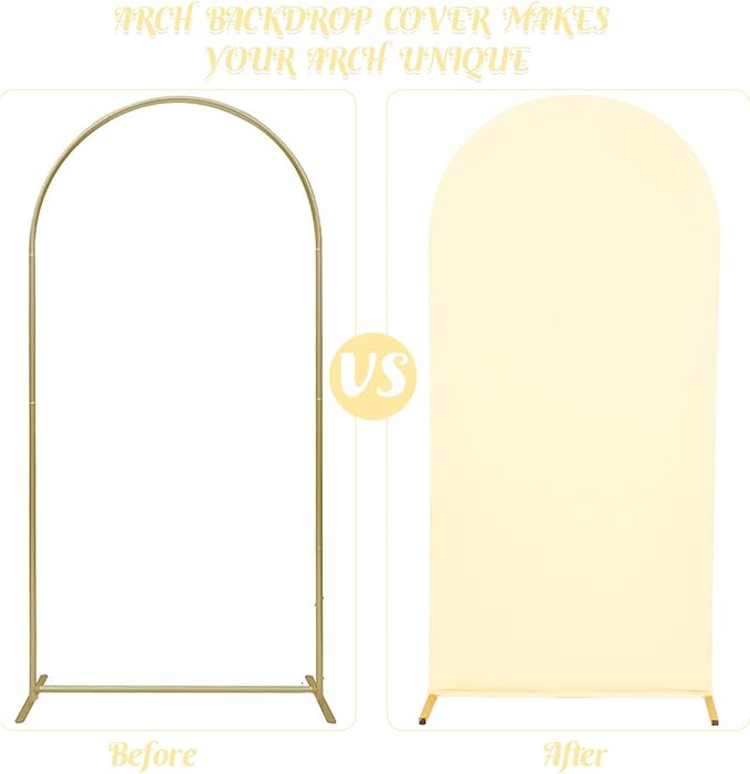 Set of 2 Wedding Arch Cover 2-Sided Round Top Spandex Fitted Arch Backdrop Cover for Birthday Party Baby Shower Wedding Arch Stand Decor（7.2FT, 6FT, Beige）