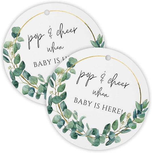 Pop and Cheer When Baby is Here Hang Tag | 30pk 2.5” Greenery Eucalyptus Girl Cards Stickers Modern Minimalist Champagne Tags String