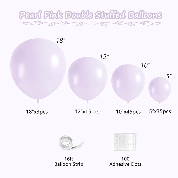 Pearl Purple Balloons, 98PCS Double Stuffed Light Purple Balloon Garland Arch Kit, 18/12/10/5 Inch Different Sizes for Girls Women Wedding Birthday Baby Shower Party Decorations