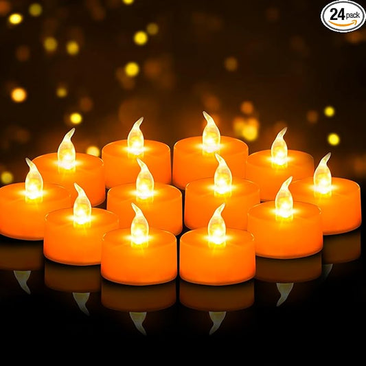 Tea Lights Battery Operated Candles LED Tea Lights Flameless Candles 200+ Hours Flickering Fake Tealights for Sweetest Day Wedding Home Decorations Party (Orange Base, 24 Pack)