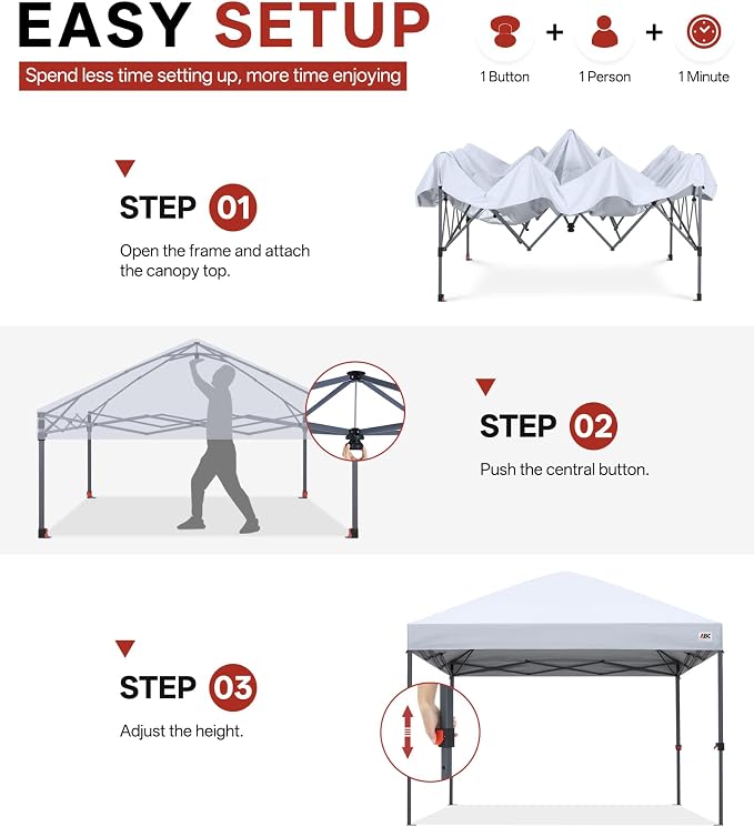ABCCANOPY 10x10 Pop Up Canopy Tent, Easy Setup Instant Shelter with Wheeled Bag, Heavy Duty Outdoor Canopy for Beach, Market, Backyard, UV Protection, Outdoor Weather Protection (White, 10x10)