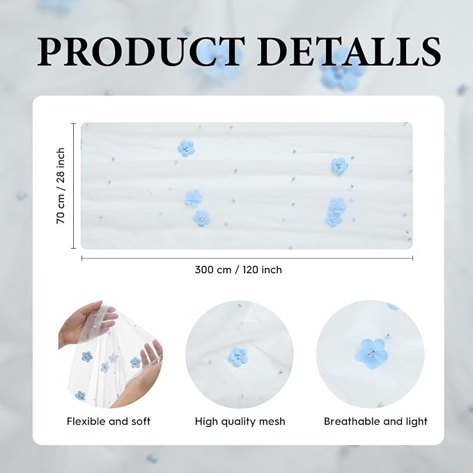 Artoid Mode Blue Flower Pearl White Gauze Table Runner 10FT, Seasonal Sheer Dining Holiday Wedding Birthday Baby Shower Table Decor for Home Party