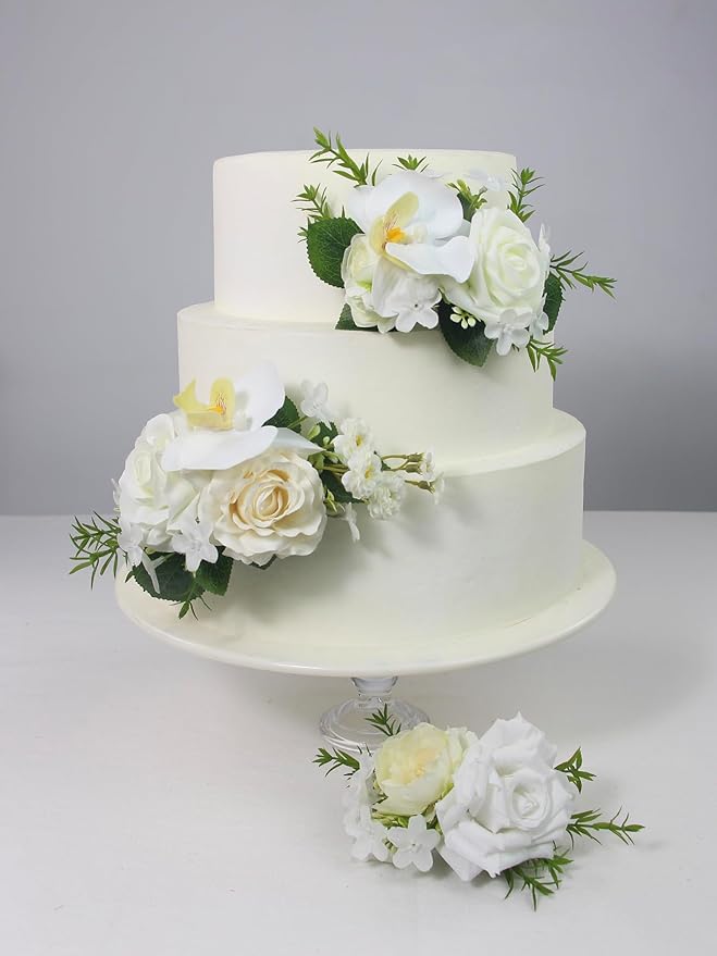 Rinlong 3Pcs Pre-made White Orchid Cake Flowers Cake Toppers Decorations Wedding Cake Decorating Flowers Decor Birthday Baby Shower Party Artificial Flower Cake Topper Flower Arrangements
