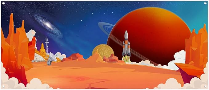 9 x 20 ft 2026 Vbs Backdrop Decoration Vbs Universe Space Galaxy Moon and Rocket Background Vacation Bible School Backdrop for Classroom Party Summer Cap Photo Booth Prop Church Outer Space Background