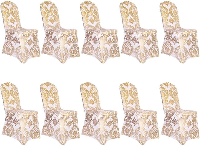Pack of 10 Dining Chair Covers Bronzing Gold Flower Print Removable Washable Spandex Stretch Decorative Chair Slipcovers Set for Party Wedding Home Decorations - Gold+White
