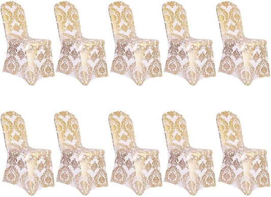 Pack of 10 Dining Chair Covers Bronzing Gold Flower Print Removable Washable Spandex Stretch Decorative Chair Slipcovers Set for Party Wedding Home Decorations - Gold+White