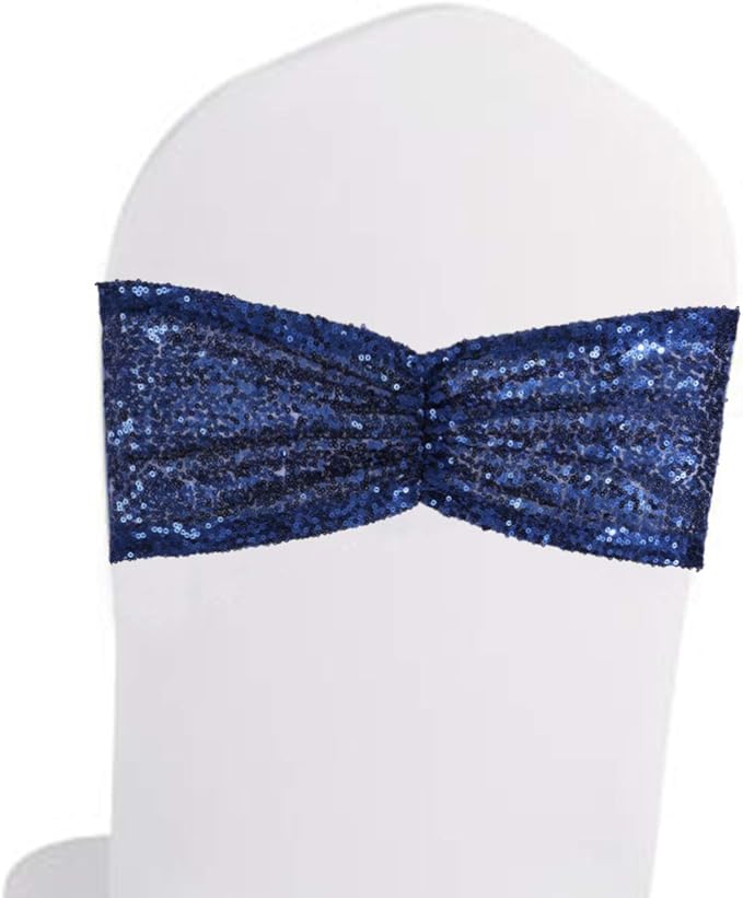 Eternal Beauty Pack of 50 Navy Blue Chair Sashes Band Bows Sequin Chair Sashes for Wedding Cover Decorations