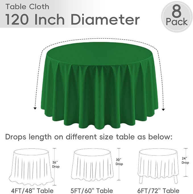 8 Pack Green Round Tablecloth 120 Inch Green Table Cloth Round Tables, Washable Polyester Tablecloth Reusable and Wrinkle Resistant Decorative for Wedding Party Dining Banquet