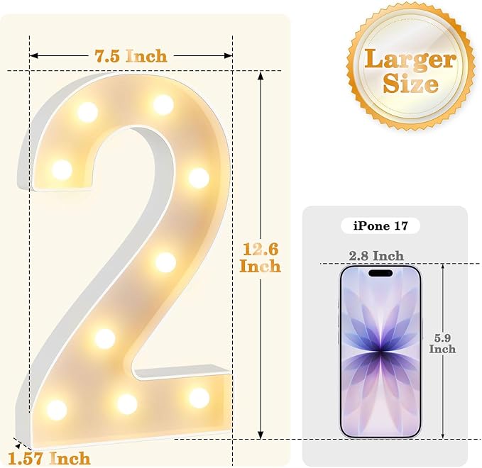 12.6 Inch LED Marquee Light Up Numbers with Happy Birthday Music, Remote Birthday Number Lights as Gifts for Girls Women Men, Lighted Marquee Numbers for Table Party Decorations, Number 2