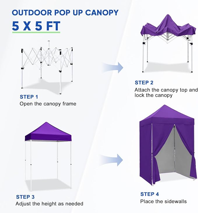 COOS BAY 5x5 Pop Up Canopy Tent with Side Walls, Easy Setup Portable Sun Shelter with Carry Bag, Outdoor Shade for Beach, Camping, Sports & Backyard, Purple