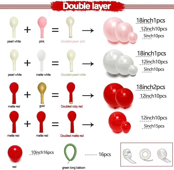 Red Pink Balloon Arch Double Stuffed Latex Pink White Pearl Balloons Red Green Long Balloon Garland for Cheery On Top Baby Shower Birthday Christmas Bridal Shower Garden Berry Party Decoration