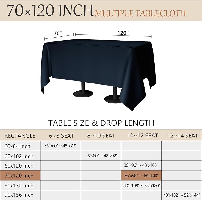70x120 Table Cloth - 6 Pack Rectangular Black Washable Stain and Wrinkle Resistant Polyester Table Cover for Dining Tables, Various Parties and Camping (Navy Blue)