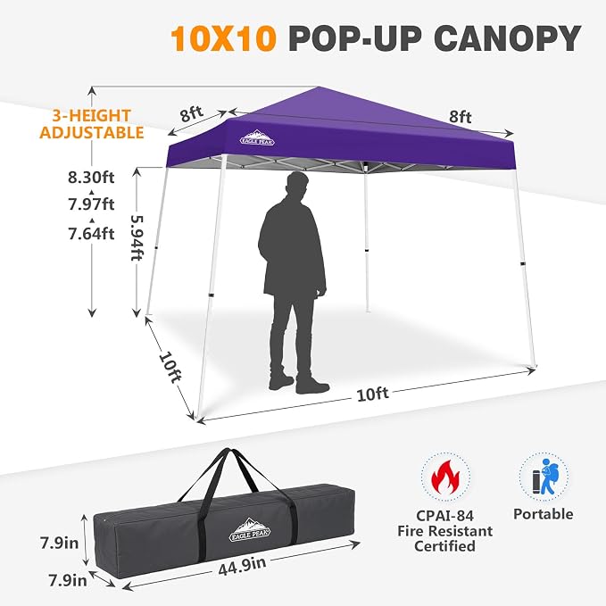 EAGLE PEAK 10x10 Slant Leg Pop-up Canopy Tent Easy One Person Setup Instant Outdoor Beach Canopy Folding Portable Sports Shelter 10x10 Base 8x8 Top (Purple)