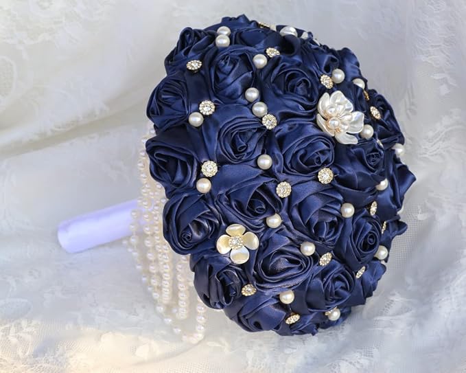 Navy Blue Bridal Wedding Bouquet with Rhinestone Brooch Pearl String Cascade Bouquet for Bride Bridesmaid Quinceanera Satin Rose Artificial Flower Bouquet Wedding Navy Blue 7.5in