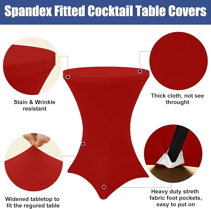Moosfor Spandex Cocktail Table Covers 4 Pack, Elastic Fitted Stretch Table Cloth, Round High Top Tablecloths for Bar, Party, Pub, Wedding & Banquet (Red, 32x43 Inch)