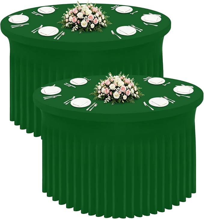 Smiry Round Spandex Tablecloth 2 Pack, Elastic Fitted Washable Tablecloths for 72 Round Tables, Waterpoof Stretch Table Cover Skirt for Outdoor, Wedding, Banquet & Parties, Emerald Green