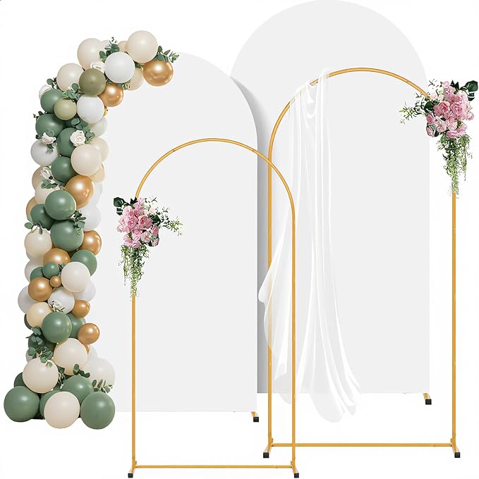 Arch Backdrop Stand Gold and White Cover Set of 2(7.2FT/6FT),Wedding Arch Backdrop Stand,Balloon Arch Stand Metal Frame for Birthday Wedding Baby Shower Party Garland Ceremony Decor