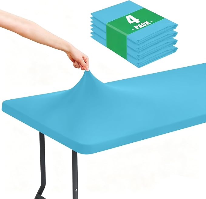 Moosfor Spandex 6 Foot Rectangle Table Cloth 4 Pack, Elastic Fitted Tablecloths for Picnic, Stretch Washable Patio Table Cover for Outdoor, Camping, Banquet and Parties (Blue Mist, 30"x72")
