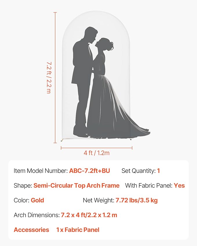 VEVOR Arch Backdrop Stand, 7.2 x 4 ft, Stable Structure, Easy Assembly, 1 Set Gold Metal Arch Backdrop Stand with Cover for Wedding, Birthday Party, Holiday Celebration, and Ceremony Decoration