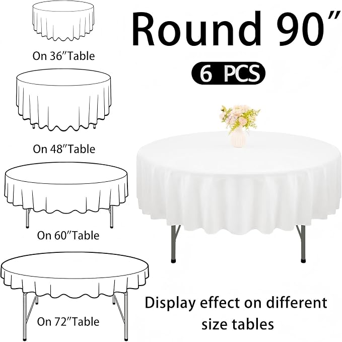 6 Pack 90 Inch Round White Polyester Tablecloth Bulk Washable Table Covers for Wedding Dining Table Buffet Parties Banquet Decor(White)