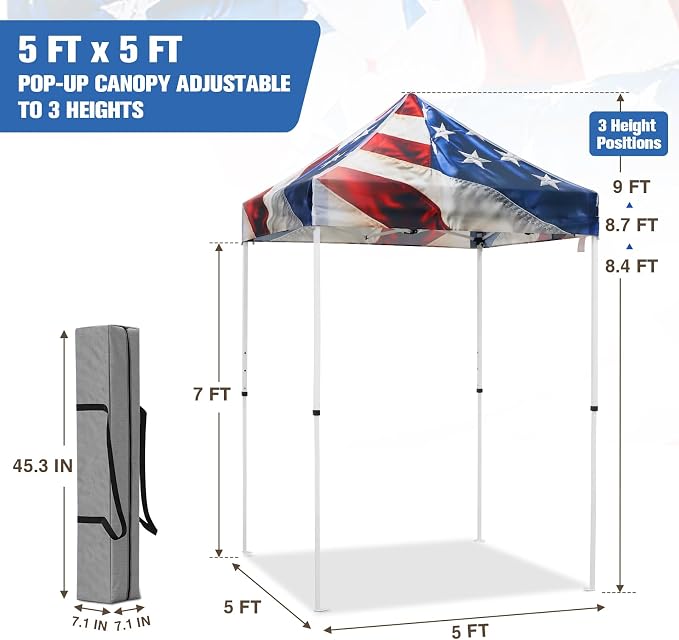 EAGLE PEAK 5x5 Pop Up Canopy Tent Instant Outdoor Canopy Easy Set-up Straight Leg Folding Shelter, Stars and Stripes
