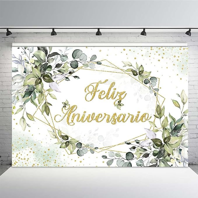 MEHOFOND 7x5ft Feliz Aniversario Backdrop Palm Leaves Happy Anniversary Wedding Valentines Mr and Mrs Background Engagement Party Banner Decorations for Photobooth Props