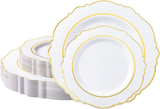 realluck 50PCS White and Gold Plastic Plates, Elegant Baroque Gold Rim Disposable Plates - 25 Dinner & 25 Dessert Plates, fancy plastic plates for Wedding, Anniversary